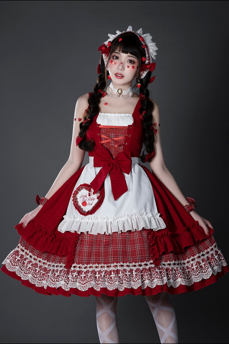 [Reservation product]Sweet Red Check Ribbon Dress [Little Red Riding Hood Outfit]