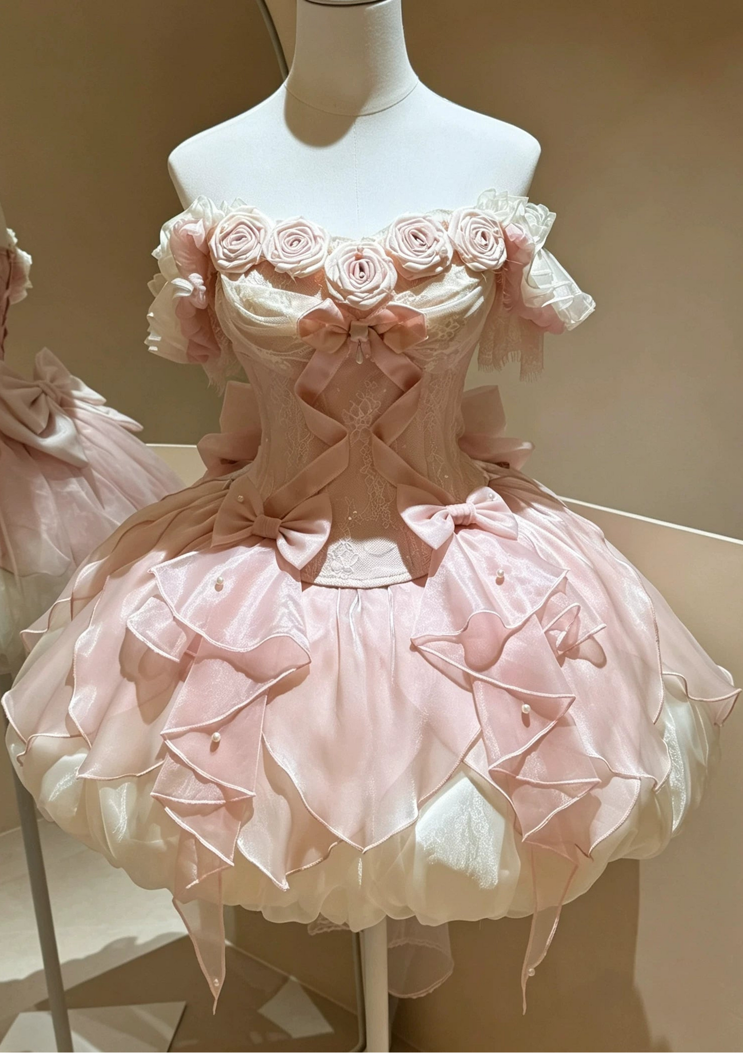 【9月6日予約締切】Romantic Rose Ballet Lolita Bow Lace Corset Bustier＋Layered Ruffle Bow Bubble Skirt + Bow Train（Set1/2）