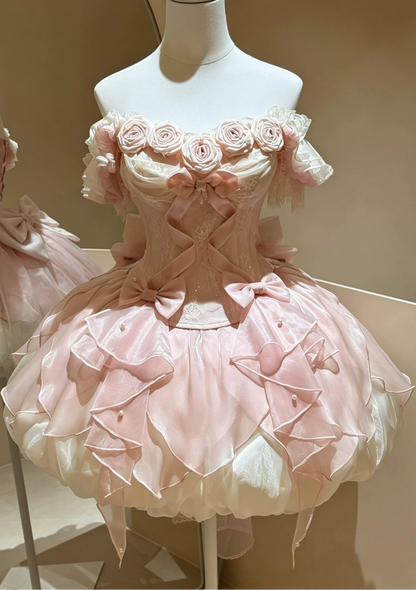 【9月6日予約締切】Romantic Rose Ballet Lolita Bow Lace Corset Bustier＋Layered Ruffle Bow Bubble Skirt + Bow Train（Set1/2）