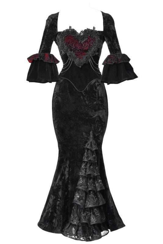 Thriller Crimson Gothic Velvet Mermaid Dress + Gloves