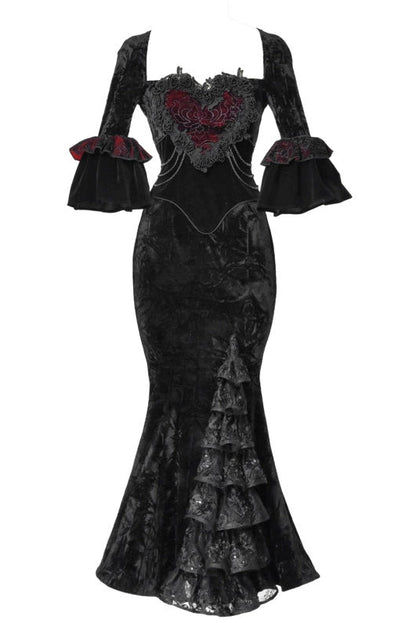 Thriller Crimson Gothic Velvet Mermaid Dress + Gloves