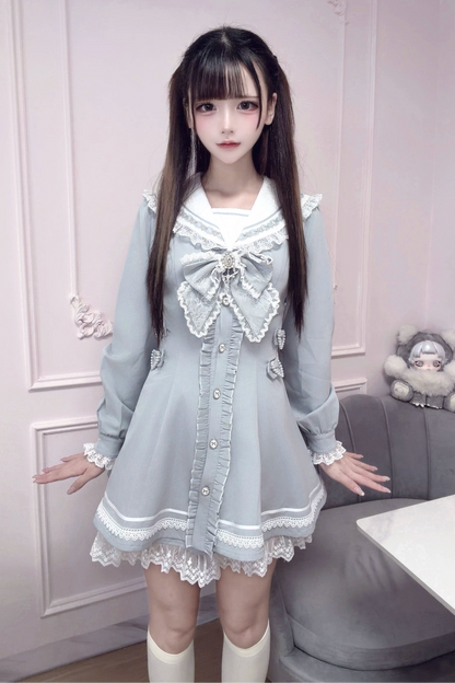 [Pre-order Deadline: September 29] Blue Sailor Collar Frill Lace Trim Dress + Shorts + Cross Charm Jewel Bow Tie Set