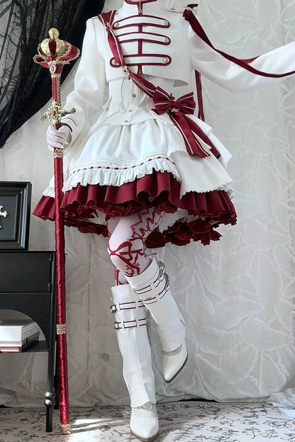 【9月13日予約締切】White Burgundy Military Ruffle Lolita Jacket (with epaulet bow) + Shirt + Short Skirt Set / Shorts Set + Complete set 1/2 (Officer cap + Leg covers + Sash)