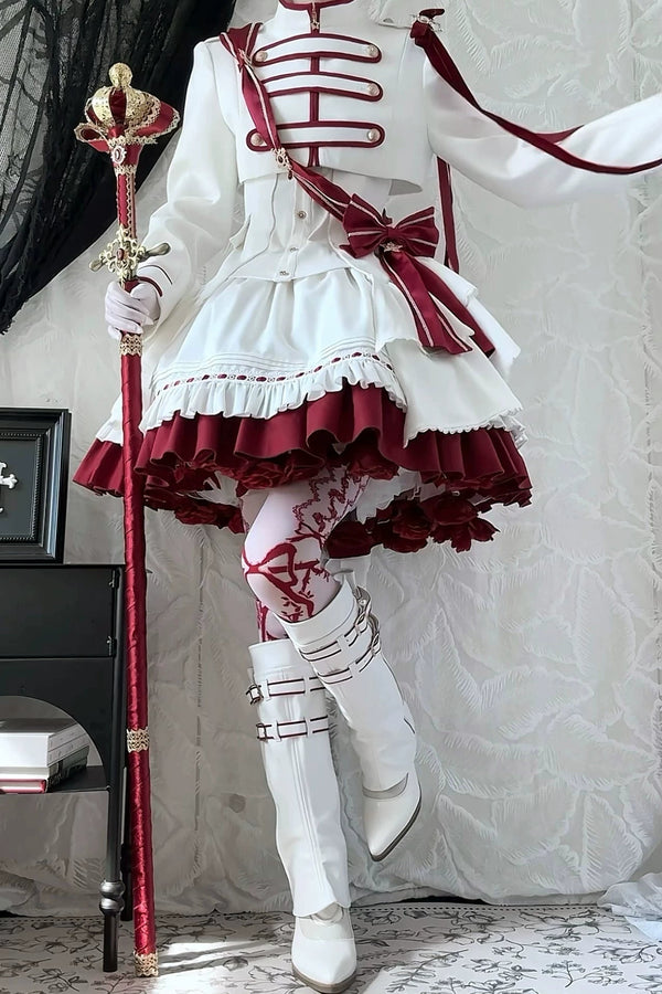 【9月13日予約締切】White Burgundy Military Ruffle Lolita Jacket (with epaulet bow) + Shirt + Short Skirt Set / Shorts Set + Complete set 1/2 (Officer cap + Leg covers + Sash)