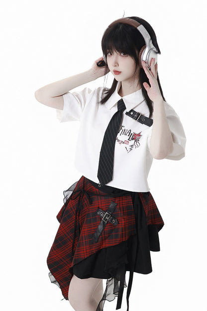 コントラストシャツ＋チェックスカート＋ブラックスカート＋ワイドパンツ＋ネクタイ