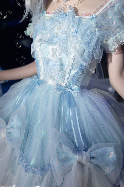 [Reservierungsschluss 1. August] Blau/Weiß/Lila Quallen-Feen-Lolita-Kleid mit Schleifen und Aurora-Schleppe