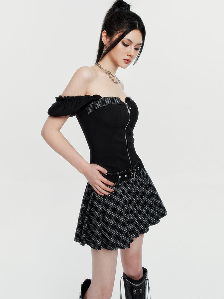 Cool Spicy Square &amp; Off Shoulder Check Belt Pleated Dress 