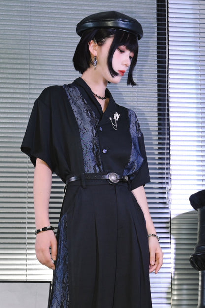 アシンメトリーカラーチャイナスネークプリントシャツ