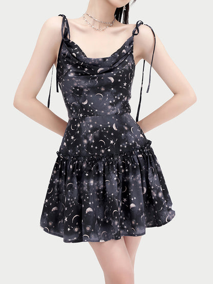 Dark Moon Star Neck Waist Slim Dress 