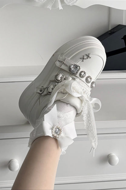 【10月6日予約締切】White/Pink/Black Rhinestone Buckle Lace Cross Charm Ribbon Chunky Sneakers