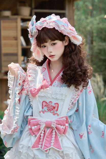 【10月21日予約締切】Pink/Blue Lamb Ear Headband With Detachable Ribbon + Strawberry Embroidered Ribbon KC