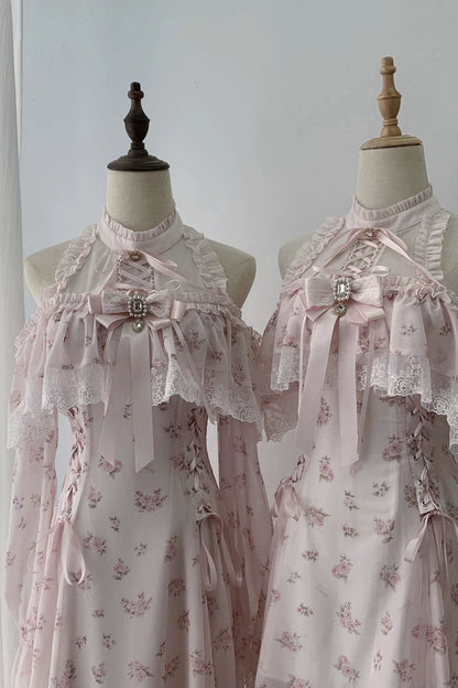 【8月30日予約締切】Pink floral chiffon lace jewel ribbon open shoulder long sleeve dress (short length/long length)
