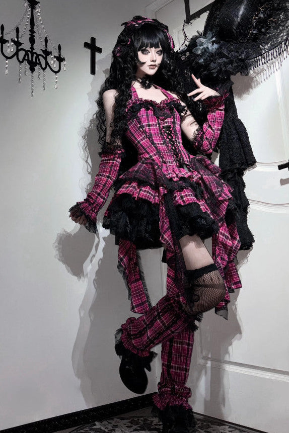 【11月2日予約締切】Pink Plaid × Black Gothic Punk Halter Neck Lace Corset Dress