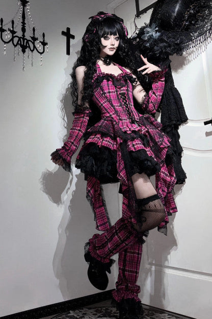 【11月2日予約締切】Pink Plaid × Black Gothic Punk Halter Neck Lace Corset Dress