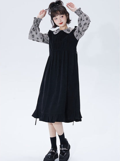 Black Splicing Faux Two Piece Doll Collar Middle Dress