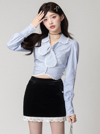 Rabbit Ear Tie Waist Slim Blouse