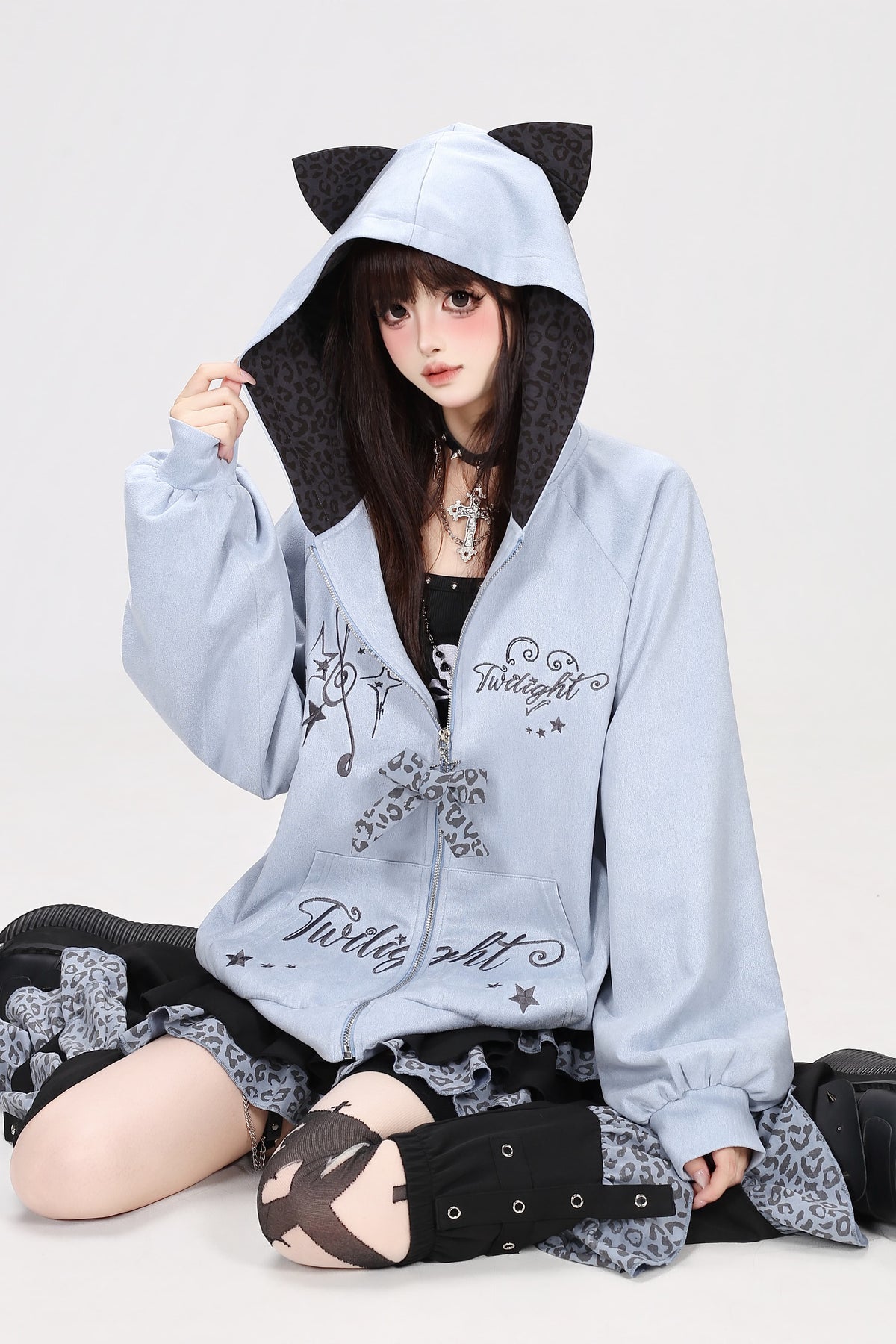 Leopard Musical Note Embroidery Hooded Jacket