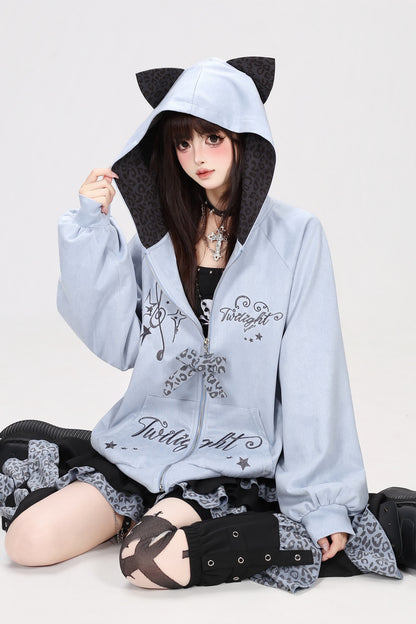 Leopard Musical Note Embroidery Hooded Jacket