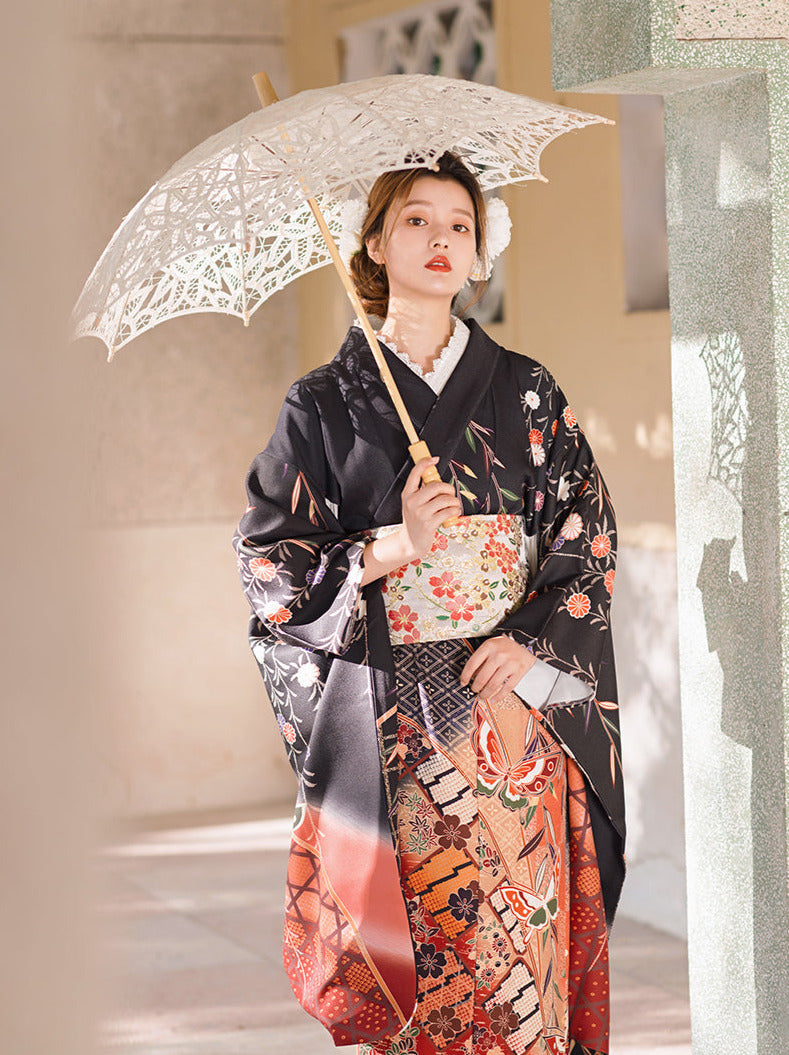 Retro Classical Japanese Pattern Flower Butterfly Furisode Set [Kimono + Handbag + Tabi]