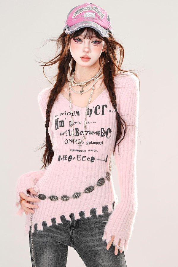 Long Sleeve Korean V-Neck Knit Top