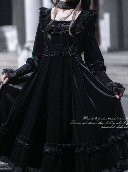 Black Swan French Retro Square Collar Velvet Elegant Dress + Belt + Ribbon [Reserved Item].