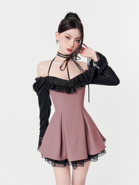 Choker 缎带黑色蕾丝少女多层连衣裙