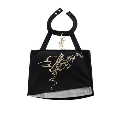 Gold Dragon Embroidered Choker Top (with Cups) + Chinese-Style Wide-Leg Pants