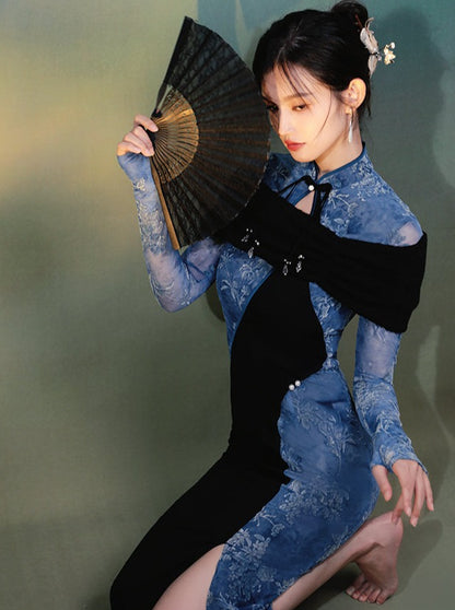 Vintage Long Velvet Cheongsam Dress