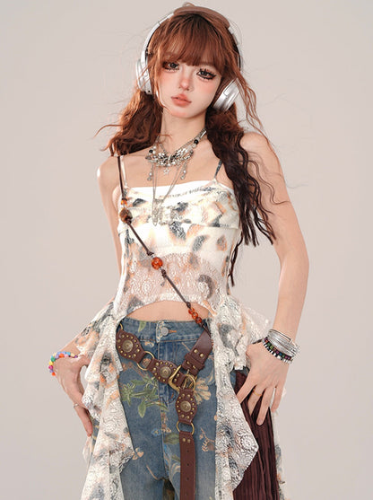 Sheer Butterfly Asymmetrical Suspender Tops