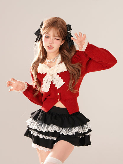 Lace Ribbon V Color Short Knit Cardigan Top