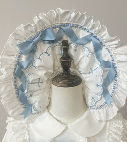 【10月4日予約締切】Four-color Gothic-style Sweet Lolita Cross Embroidery Ribbon Bonnet + Ruffle Scarf Headband