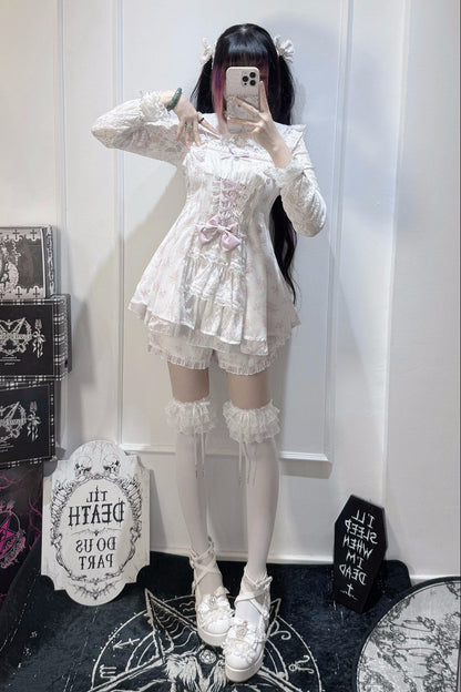 【10月28日予約締切】Pink/White/Black/White 4-Piece Set: Floral Tiered Lace Long-Sleeve Dress + Shorts + Pair of Ribbon Hair Clips + Bow Tie