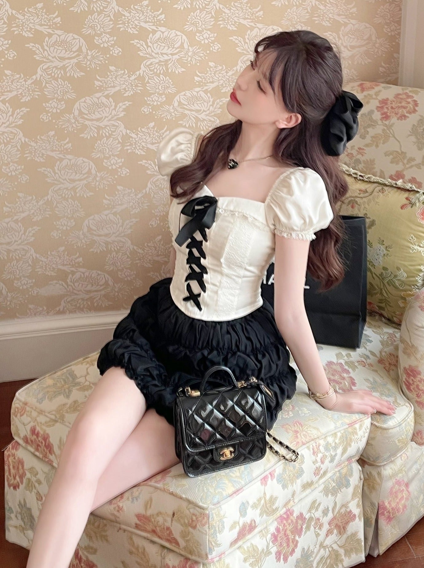 Classical Girly Open Neck Lace-Up Top