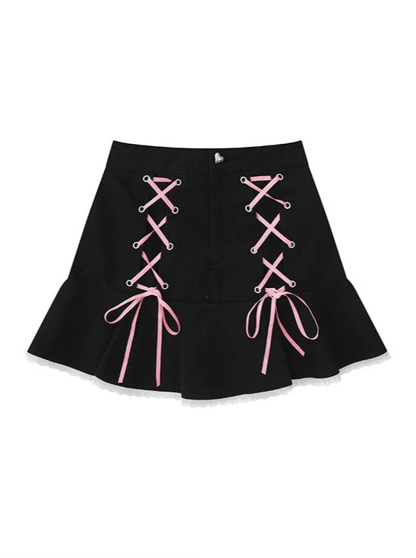 Short denim skirt with strap design
