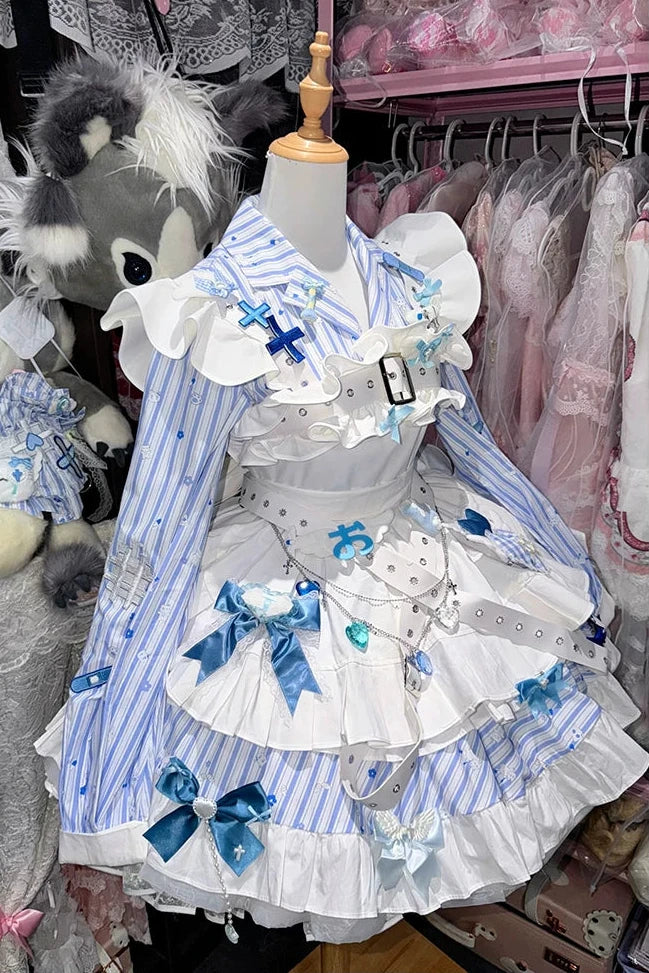 【11月5日予約締切】Blue White Striped Medical Lolita Nurse Sickly Kawaii Dress Suit Full Set (Shirt + Skirt + Apron + Back Ribbon + Leg Covers)