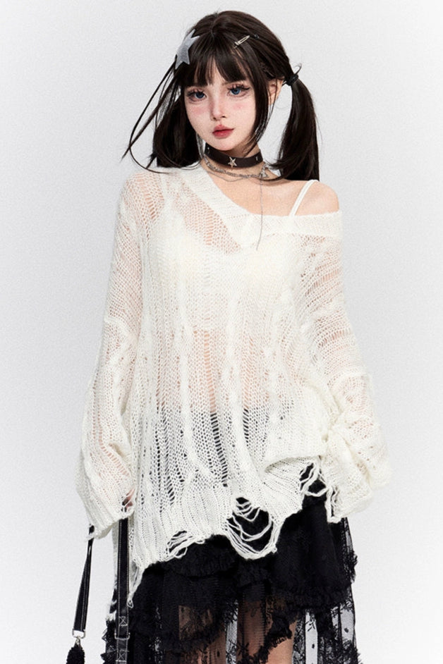 ワンショルダーダメージメッシュルーズトップス