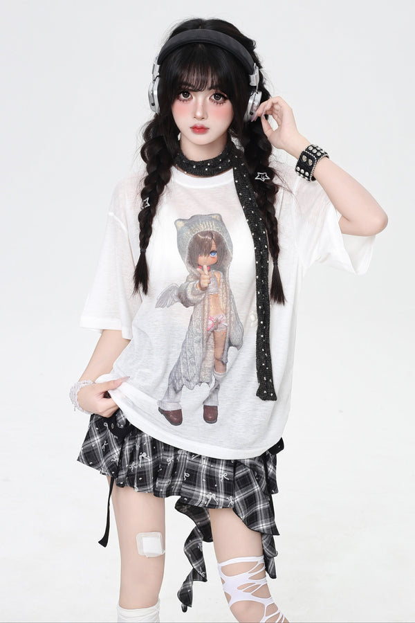 Crazy Girl Y2K Sheer Round Neck T-Shirt