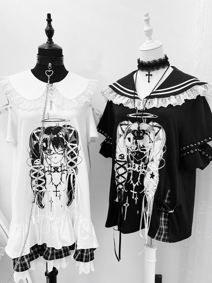 Lala-chan to the dark original design subculture print navy collar strappy top girl sweet cool outfit