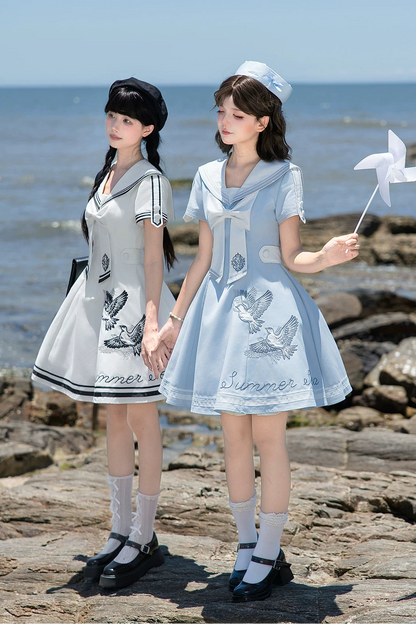 【10月1日予約締切】Blue/White Sailor Collar Bird Embroidery Lolita Bow Dress
