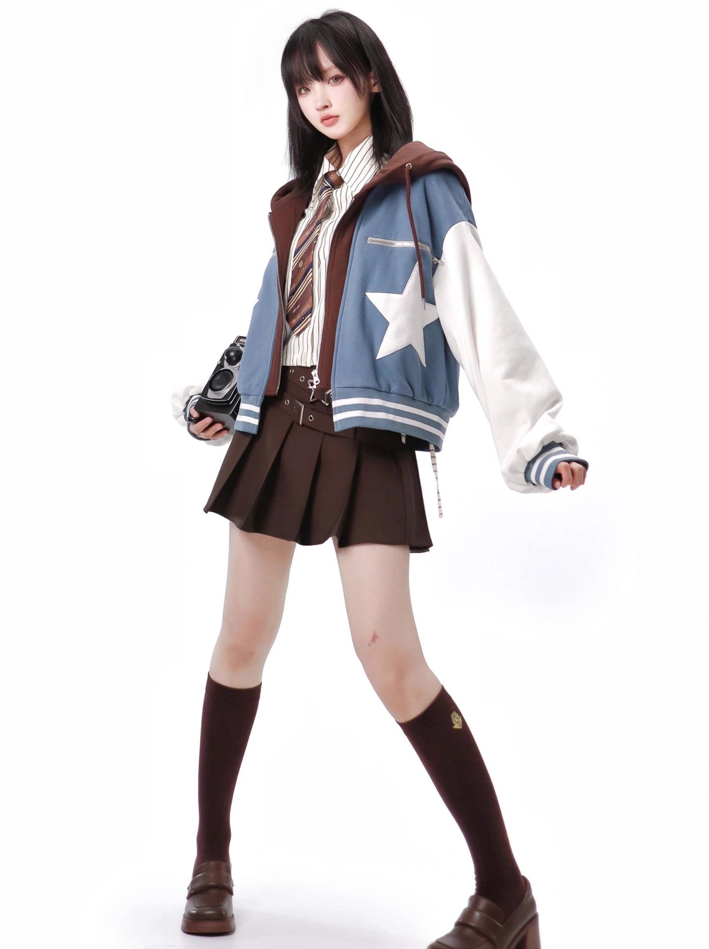 Star Fall Latte Star Velvet Hoodie Short Jacket Pleated Skirt Shirt Casual Maillard