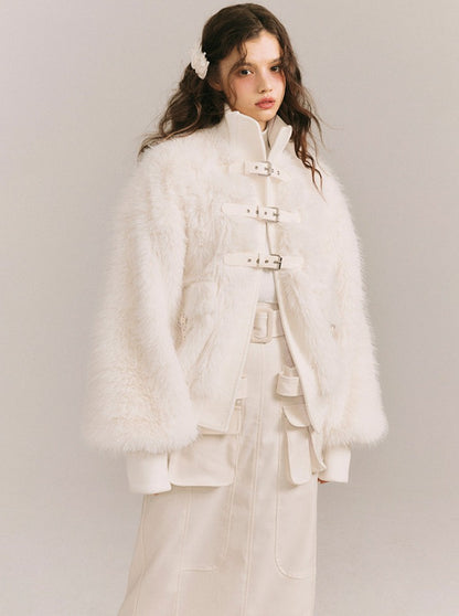 Soft light leather buckle wrap fur coat