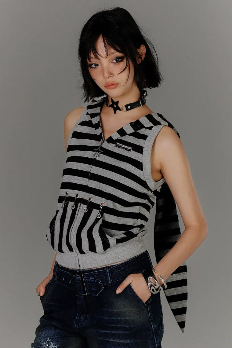 レトロストライプドラビットイヤートップス