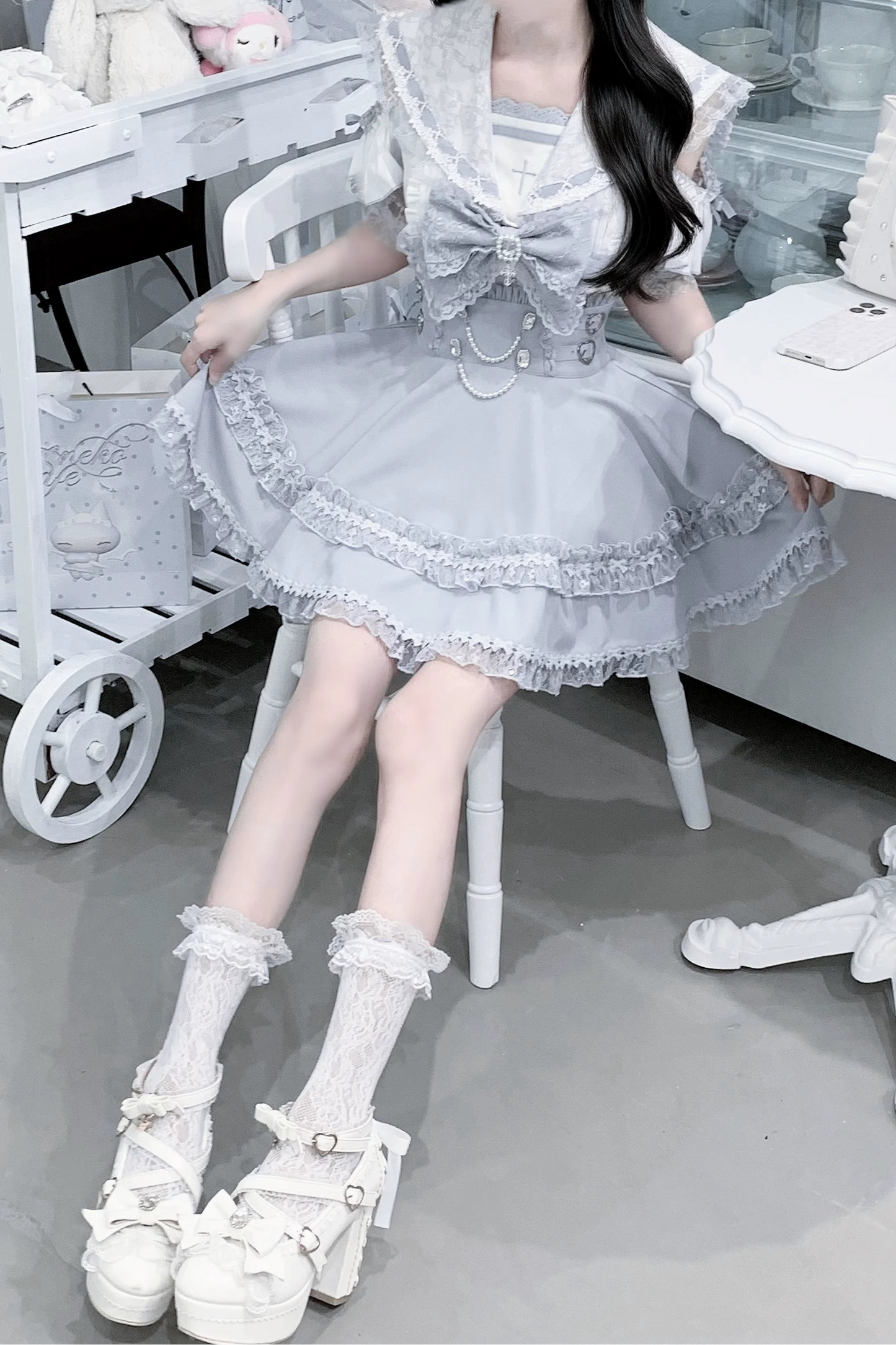 [Pre-order Deadline: August 30] Blue and White Lace Sailor Gothic Open-Shoulder Short-Sleeve Ribbon Shirt + Pearl Chain Frill Skirt