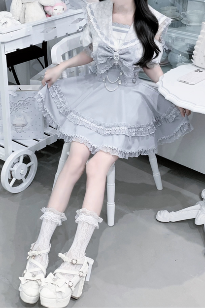 [Pre-order Deadline: August 30] Blue and White Lace Sailor Gothic Open-Shoulder Short-Sleeve Ribbon Shirt + Pearl Chain Frill Skirt