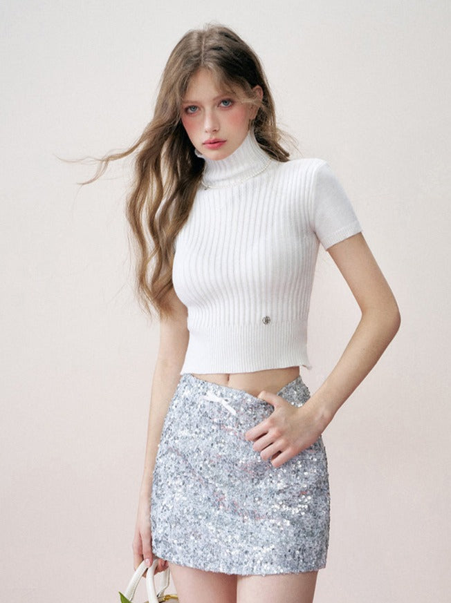 Light Silver Sequined A-line Skirt