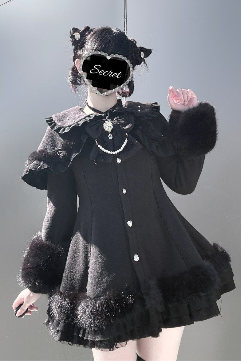 【11月13日予約締切】Black Pearl Bow-Tie Fur Coat With Detachable Cape And Fur Cuffs