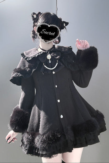 【11月13日予約締切】Black Pearl Bow-Tie Fur Coat With Detachable Cape And Fur Cuffs
