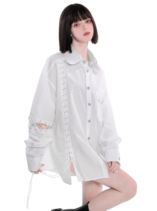 Gothic Punk Eyelet Lace Up Split Loose Big Shirt