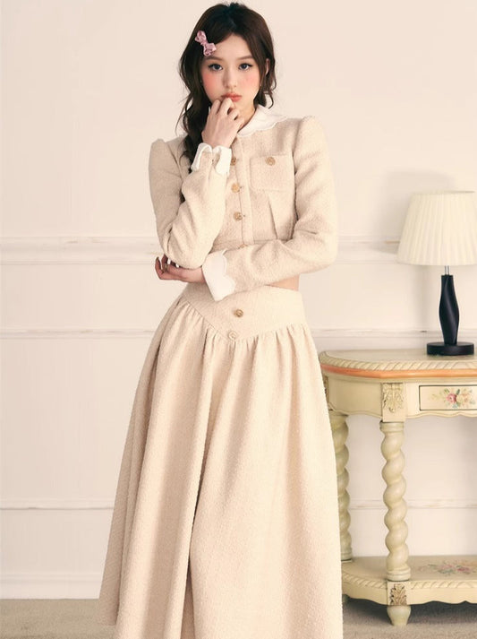 Contrast Color Small Fragrance Suit Gold Button Short Coat Long Skirt Two Piece Set