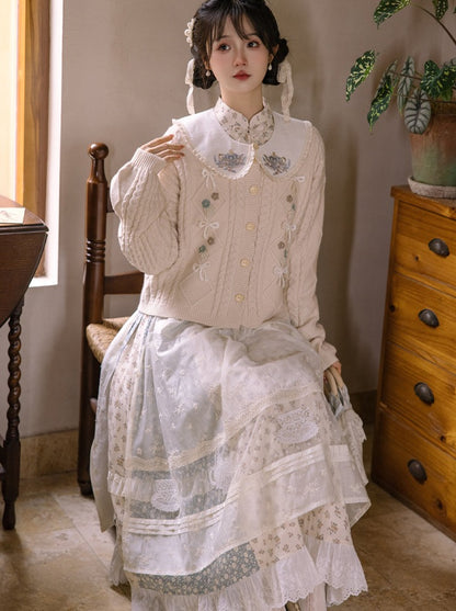 Retro Little Flower Dress + Apron + Sweater + Faux Collar